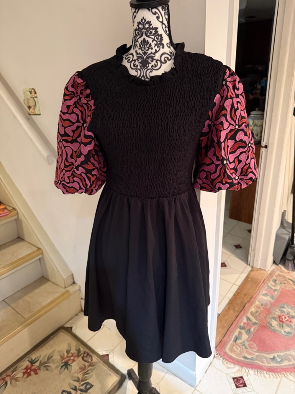 entro Black Dress with Pink Patterned Puff Sleeves